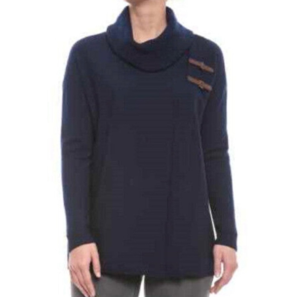 Ellen Tracy 100% Extra Fine Merino Wool Cowl Neck Cardigan Sweater Navy Blue